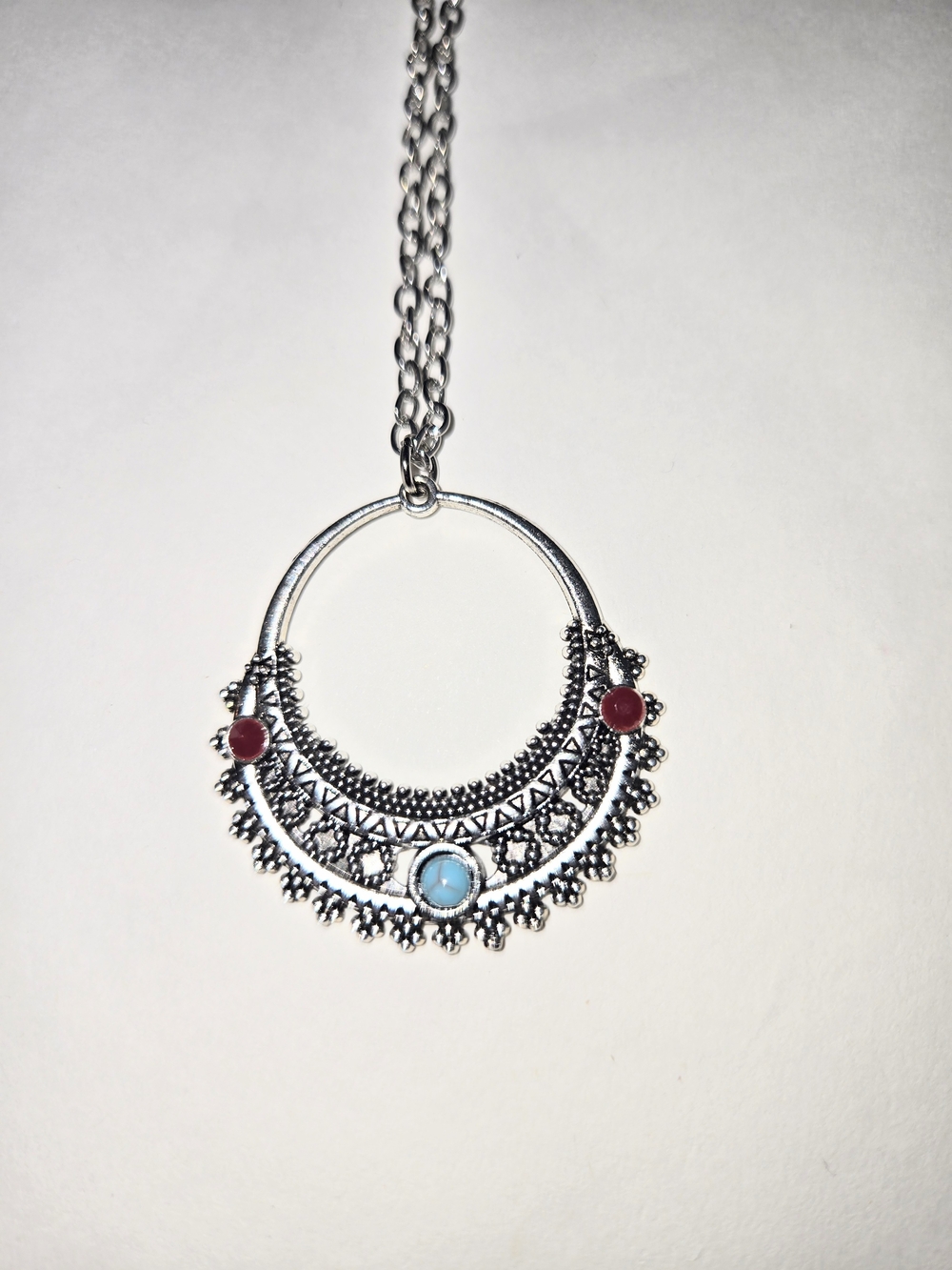 Silver Boho Pendant Necklace with Turquoise and Red Accents - Picture 3 of 6